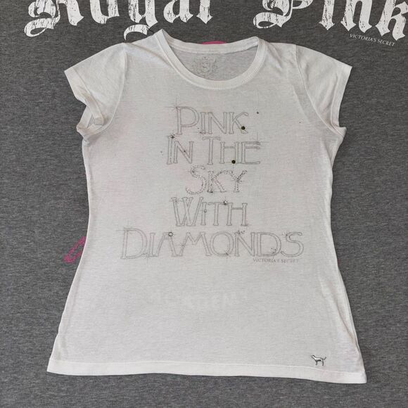 Celebrity Pink Tops - Vintage Y2K VS PINK Short Sleeve Tee PINK IN THE SKY WITH DIAMONDS Rhinestone LG